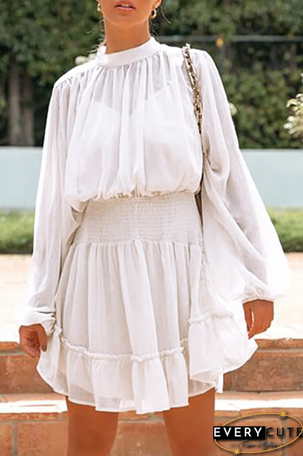 Fashion Casual Solid Flounce Fold Half A Turtleneck Waist Skirt Dresses