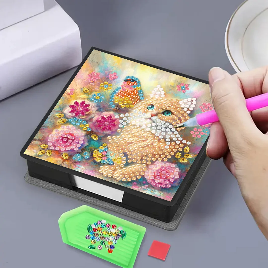 Cats Flowers PU DIY 5D Diamond Painting Note Box with 160 Sheets for Office Home