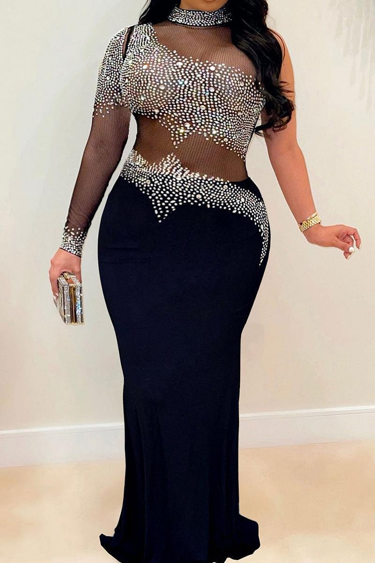 Xpluswear Plus Size Turtleneck See Through Sequin One Sleeve Little Black Maxi Dress