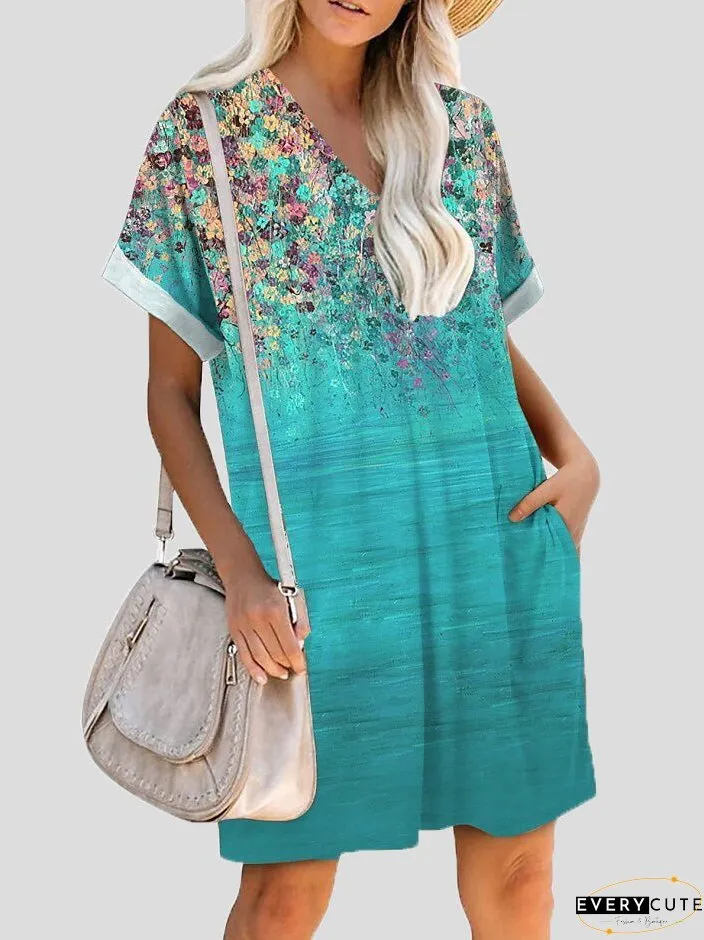Dresses Printed V-Neck Pocket Short Sleeve Dress for Women