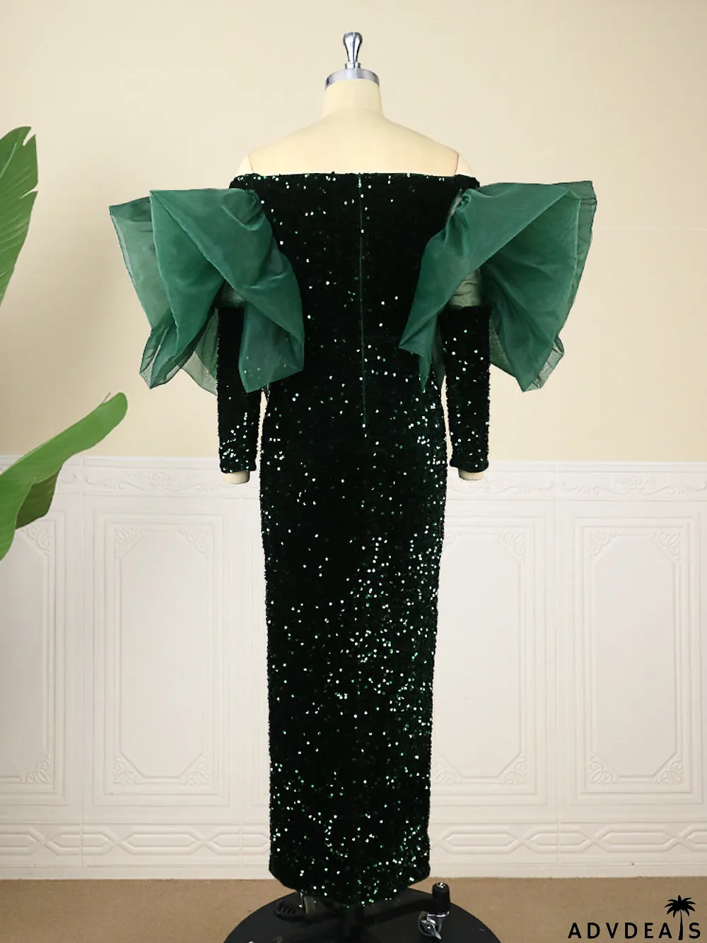 Elegant Mesh Patchwork Long Sleeves Off Shoulder Sequins Party Dresses