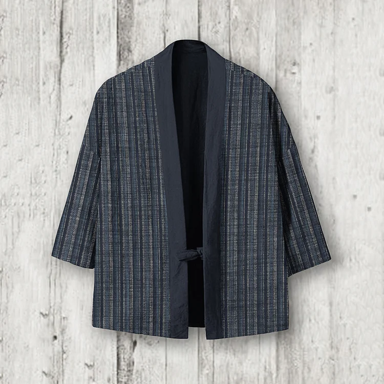 Japanese Striped Printed Linen Blend Kimono Cardigan