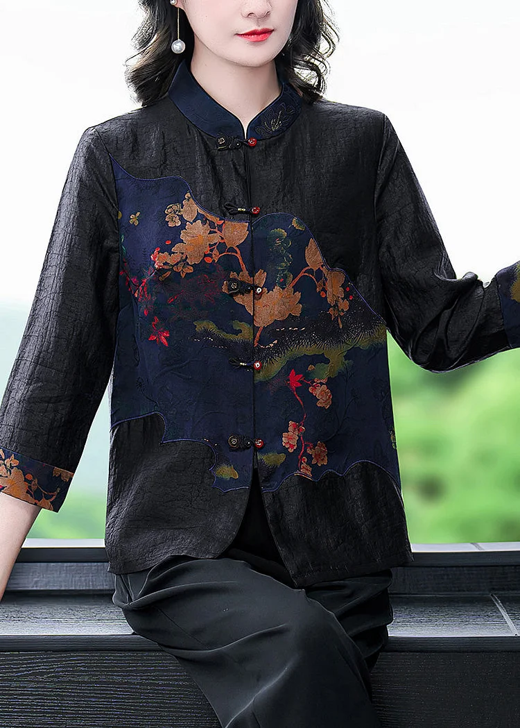 Elegant Black Stand Collar Print Button Silk Shirt Long Sleeve