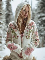 Bohemian Style Plant Flower Embroidery Women's Knitted Hooded Sweater Coat