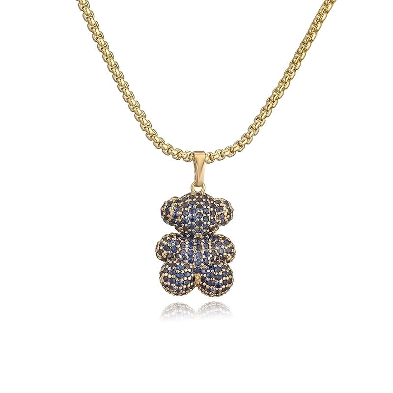 Sweet Light Luxury Copper Inlaid Color Diamond Sitting Standing Bear Necklace Female Personalized Hip Hop Love Bear Cross Chain Necklace