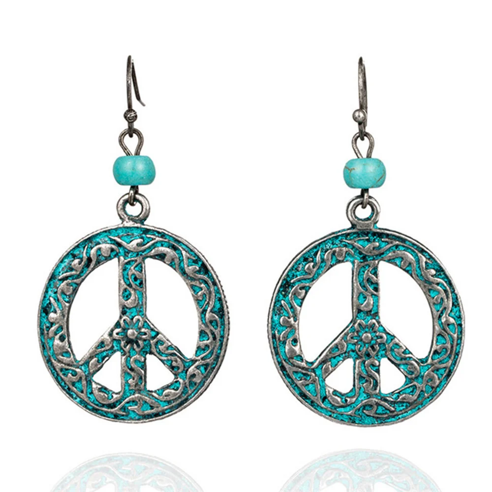   Vintage Alloy Peace Symbol Pattern Hollow Design Women Round Earrings - Neojana