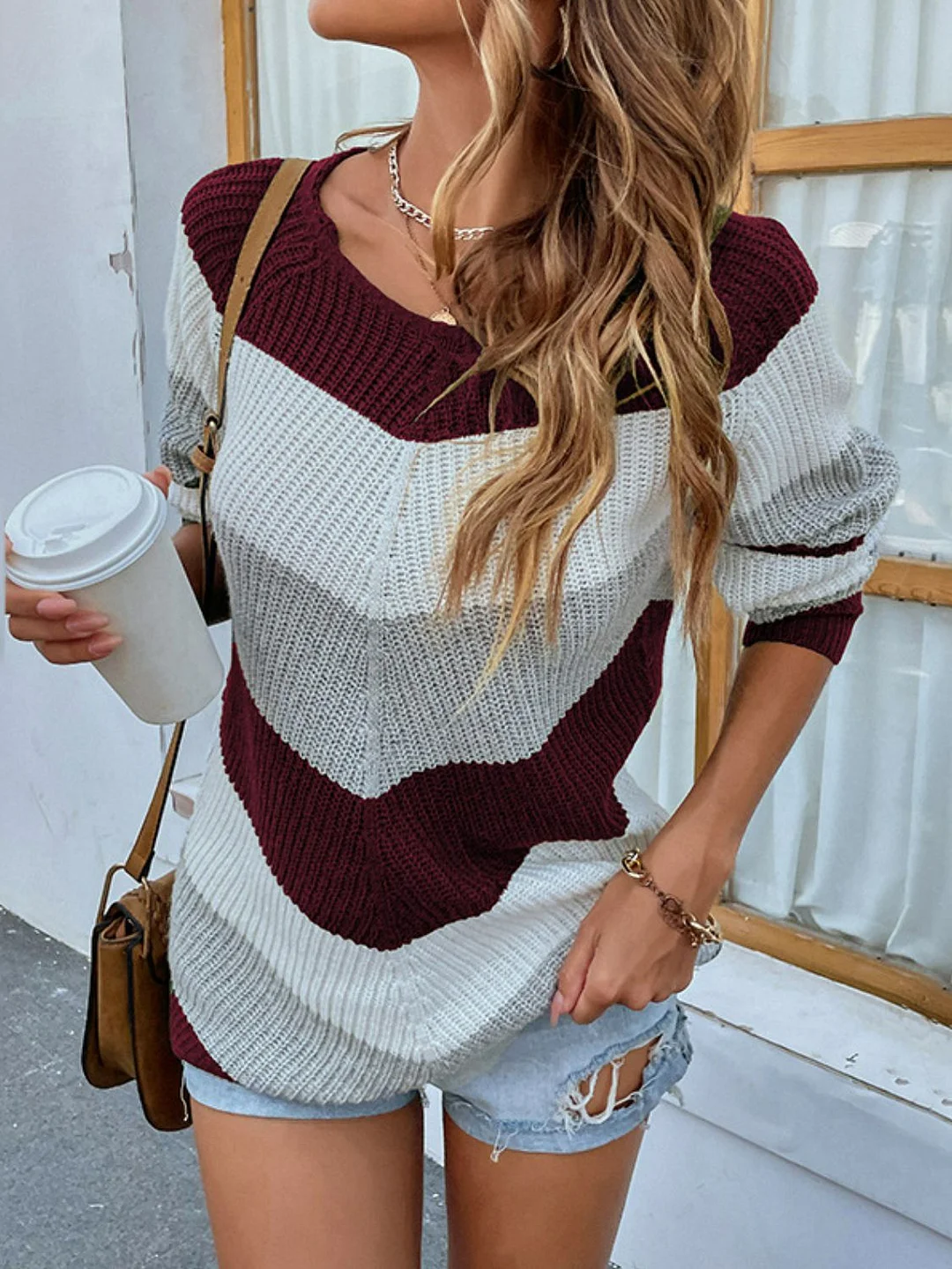 Uforever21 Striped Raglan Sleeve Rib-Knit Sweater