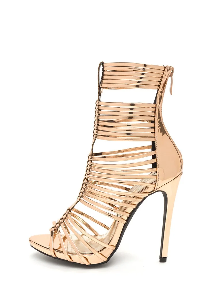 Rose Gold Metallic Stiletto Heel Gladiator Sandals Vdcoo