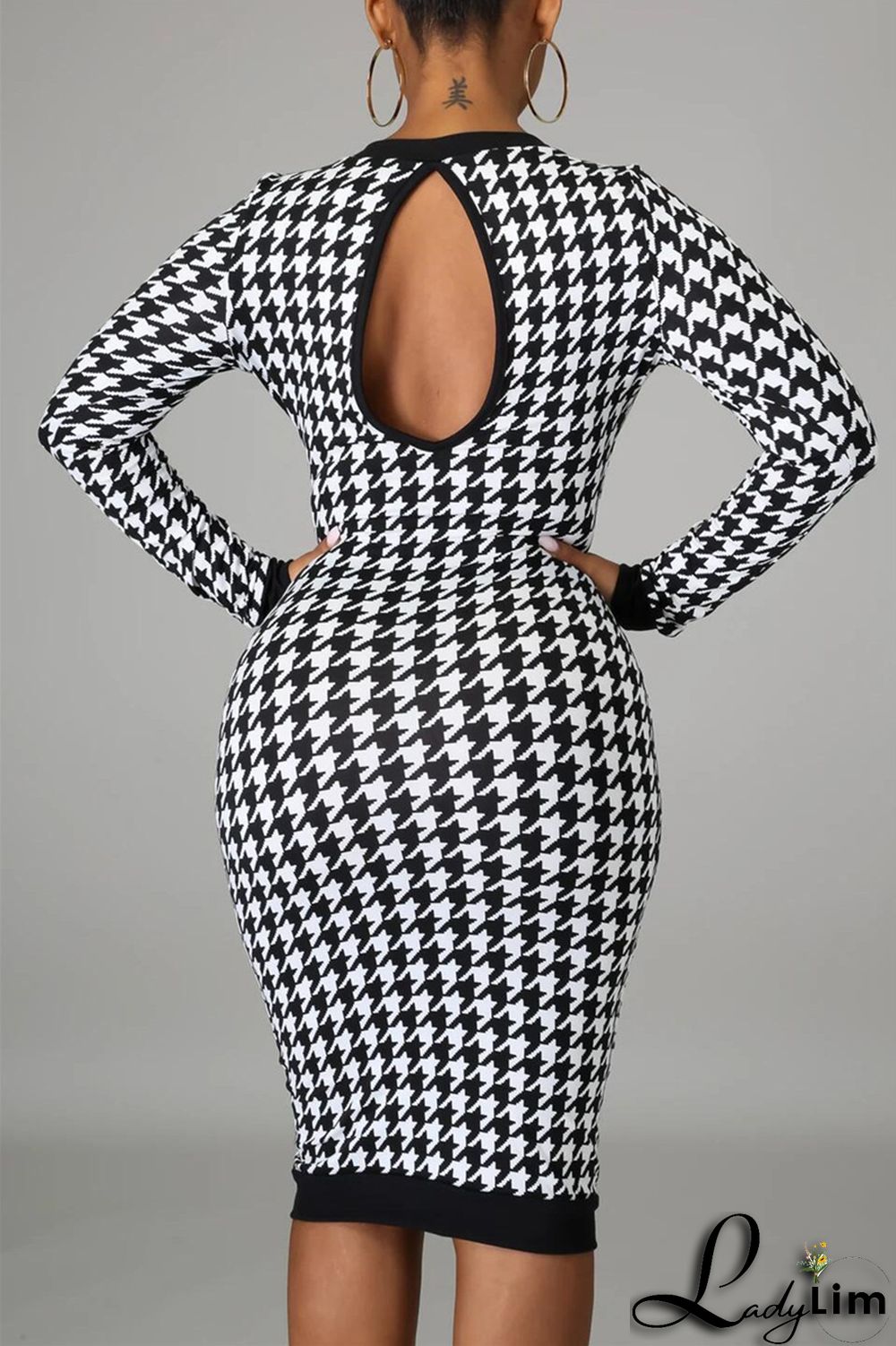 Colour Fashion Casual Print Patchwork Backless O Neck Long Sleeve Plus Size Dresses