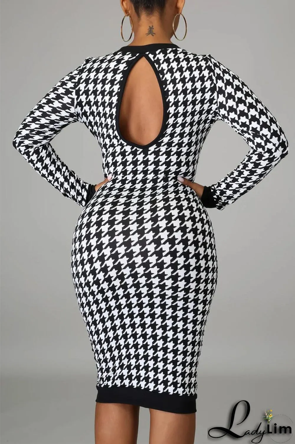 Colour Fashion Casual Print Patchwork Backless O Neck Long Sleeve Plus Size Dresses