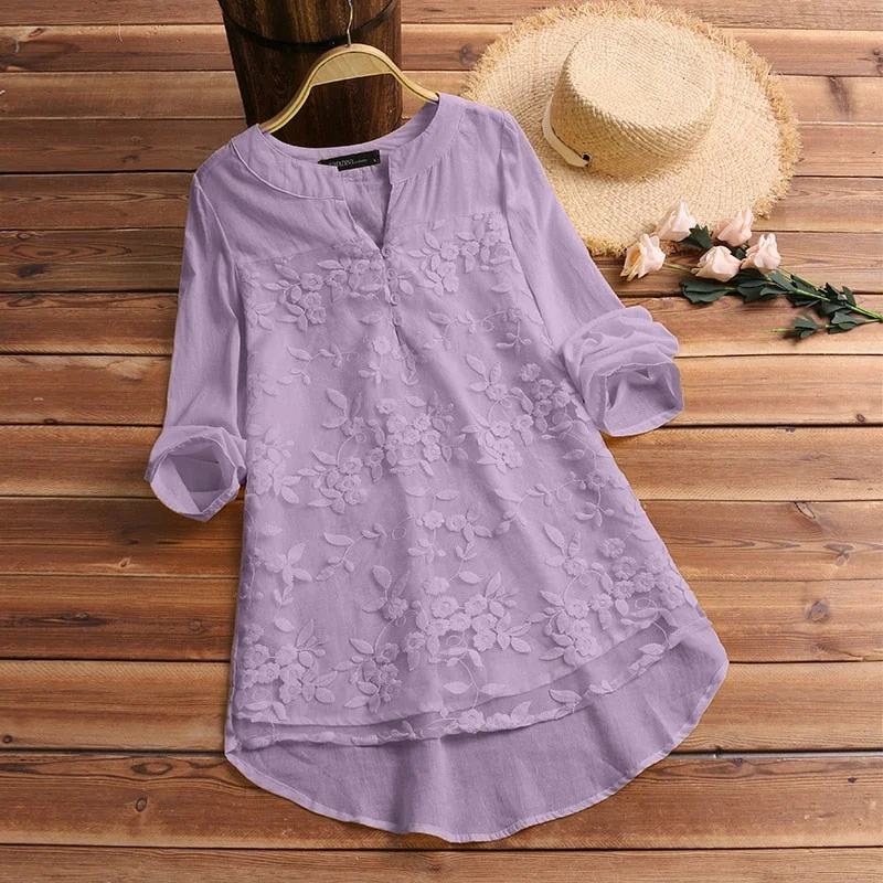 2022 ZANZEA Cotton Linen Tops Women Blouse Elegant V Neck Long Sleeve Shirt Casual Autumn Lace Shirts Vintage Embroidery Blusas