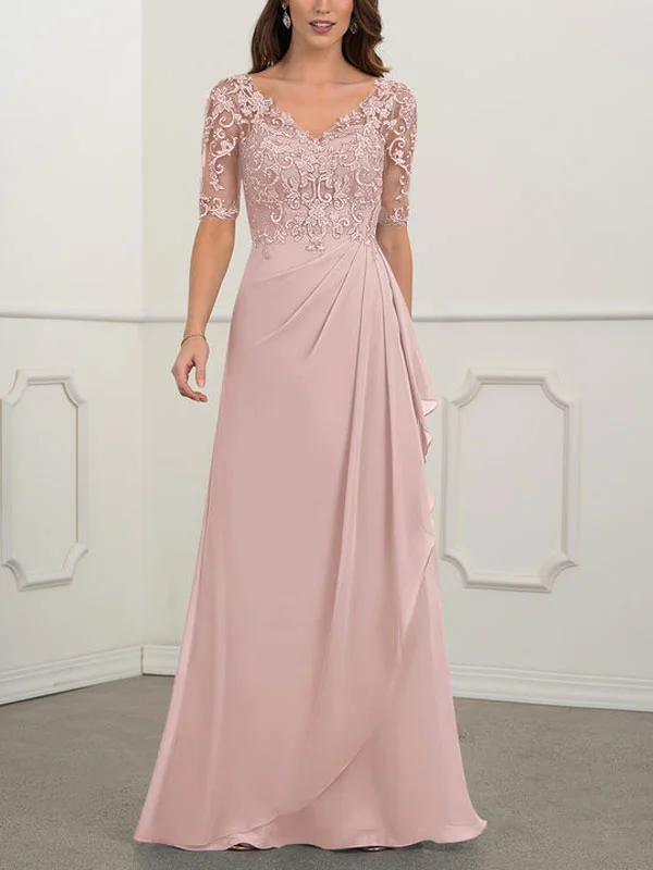 Floor-to-ceiling chiffon lace back zip bridal mom dress