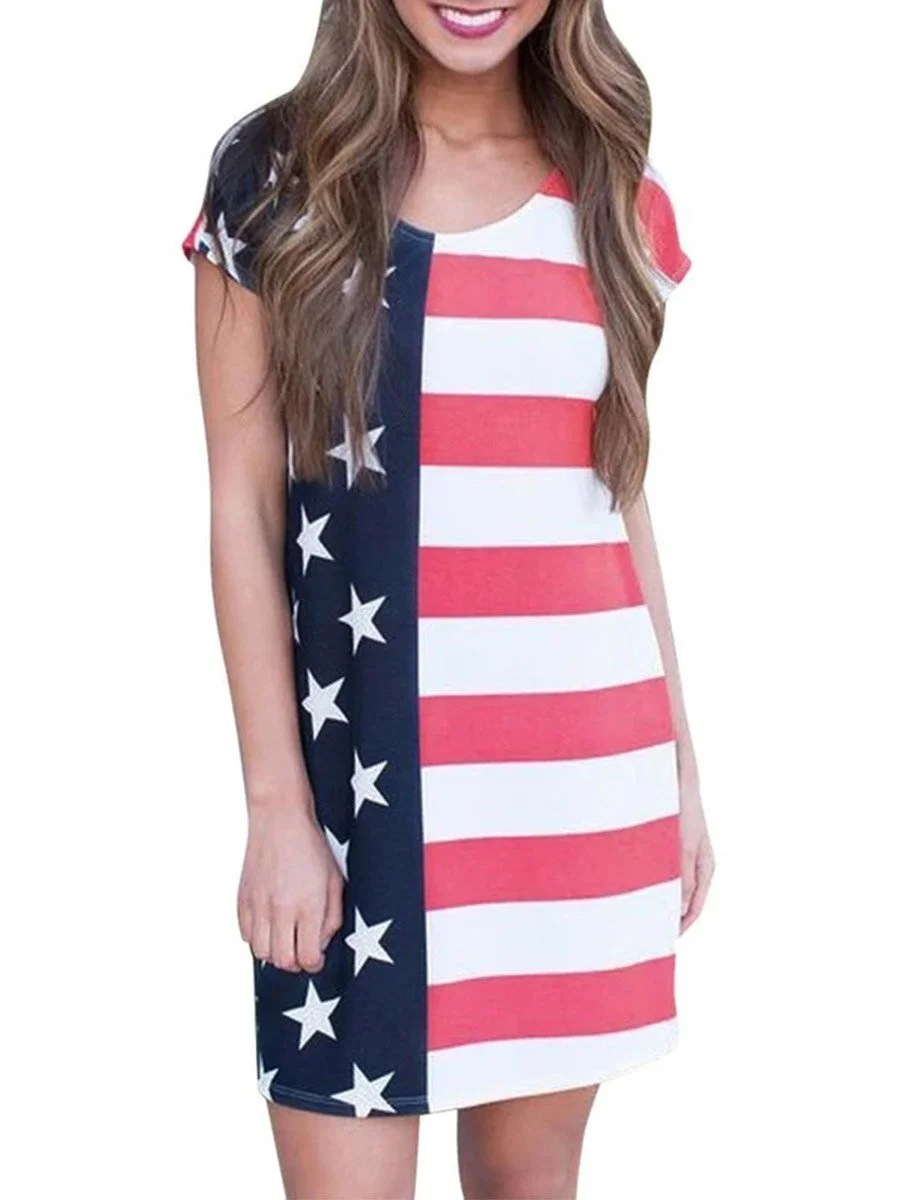 American Flag Print Women's Dress Casual Short Sleeve Pockets Patriotic Stripes