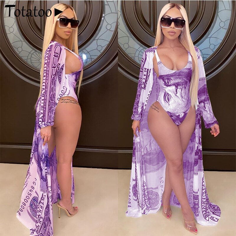 Totatoop Money Print Party Wear Suit For Women 2020 3 Piece Set Top+Pants+ Maxi Cardigan Cover Up Beach Outfit Sets Tracksuit