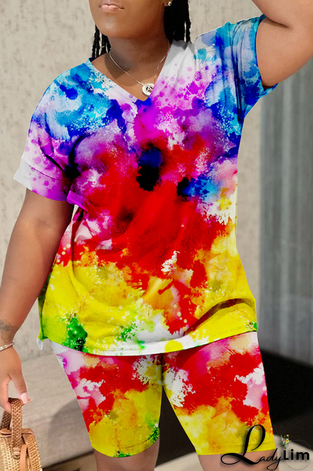 Colour Casual Patchwork Tie-dye O Neck Short Sleeve Two Pieces