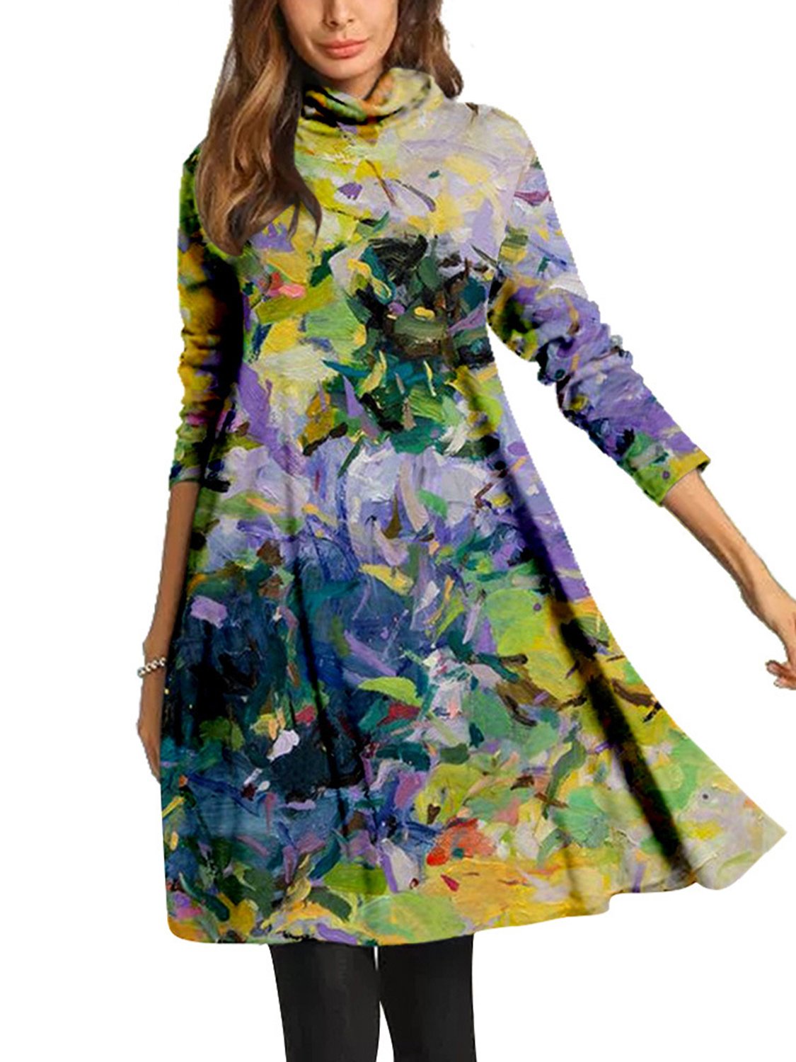 Women Long Sleeve Scoop Neck Printed Midi Dress