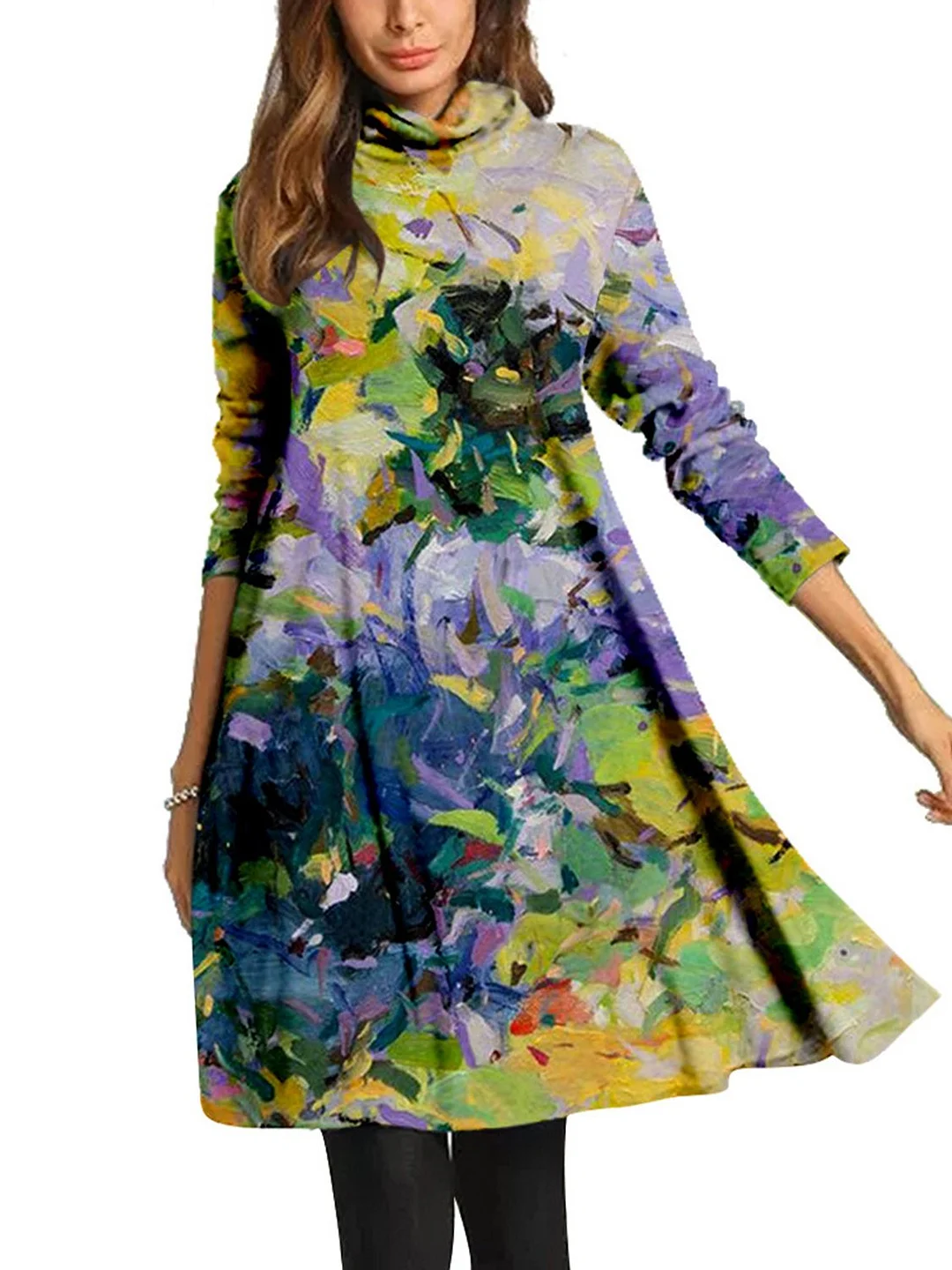 Women Long Sleeve Scoop Neck Printed Midi Dress
