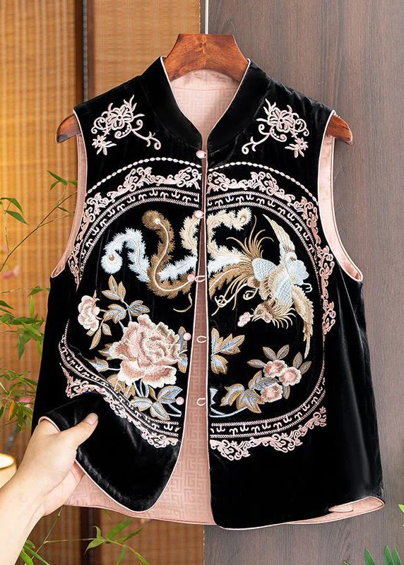 Women Pink Embroideried Button Patchwork Silk Waistcoat Sleeveless