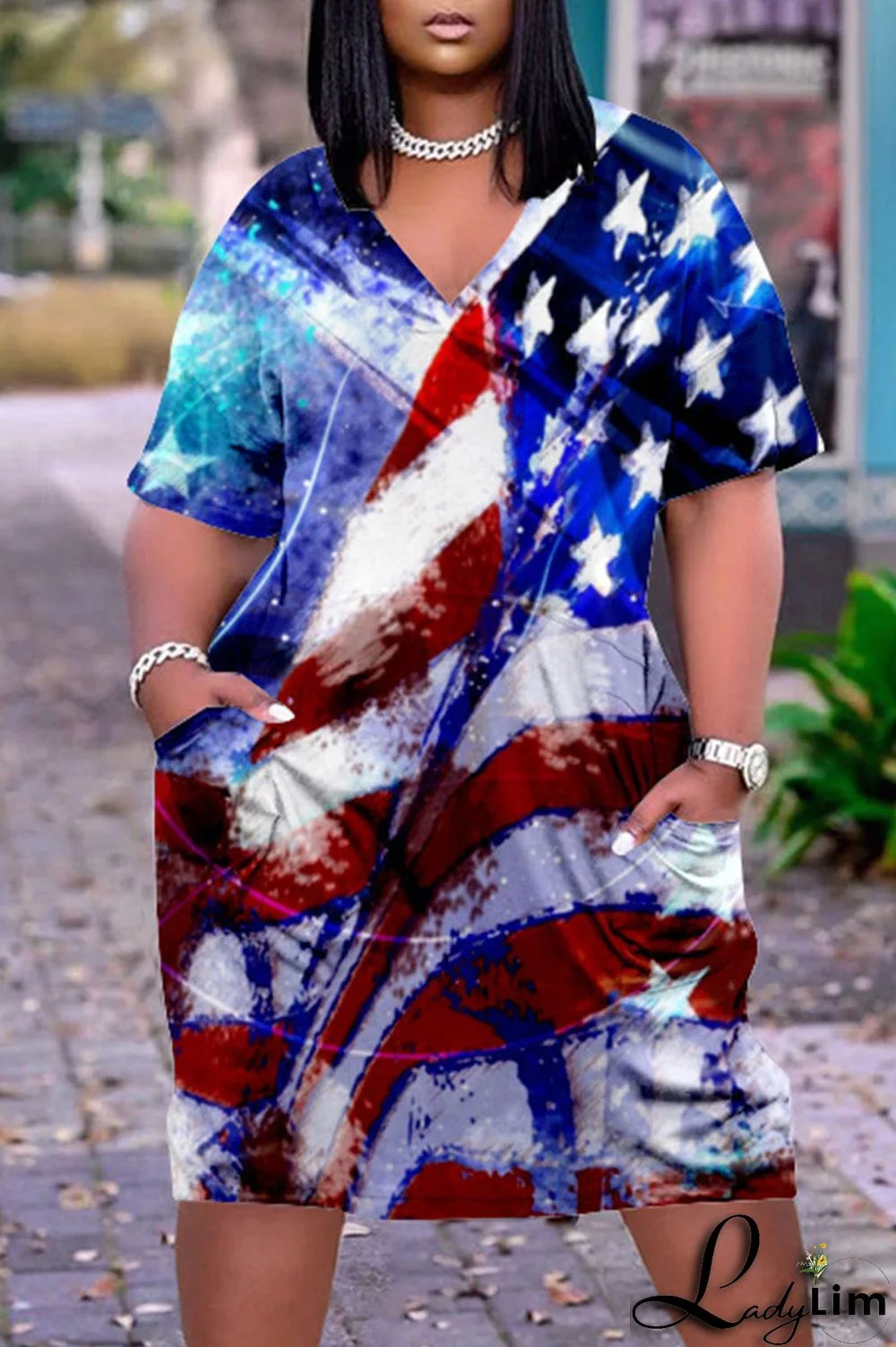 Deep Blue Casual Print Patchwork V Neck Dresses