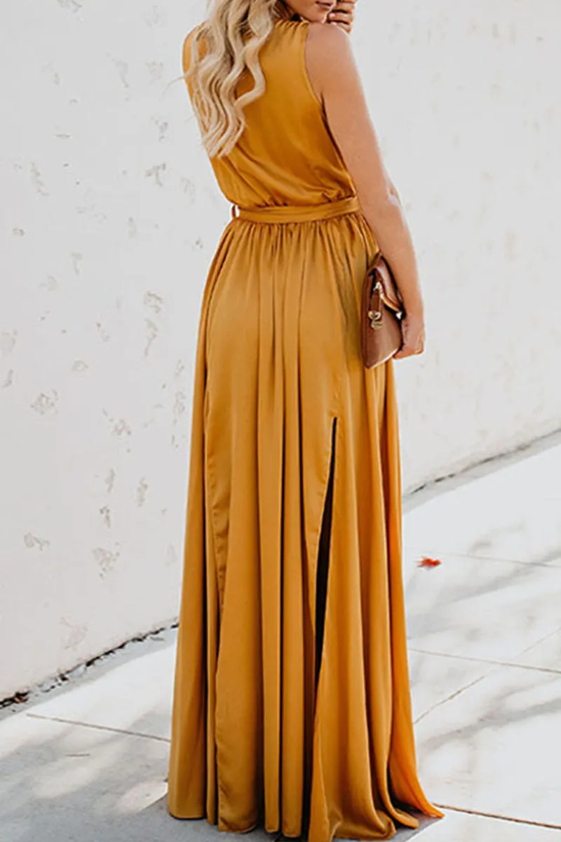 Fashion Street Solid Slit V Neck Waist Skirt Dresses