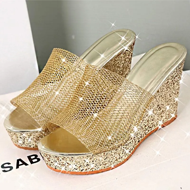 2021 Summer New Platform Wedge Sandals For Women's With PVC Sequins  Fish Mouth Word Slippers