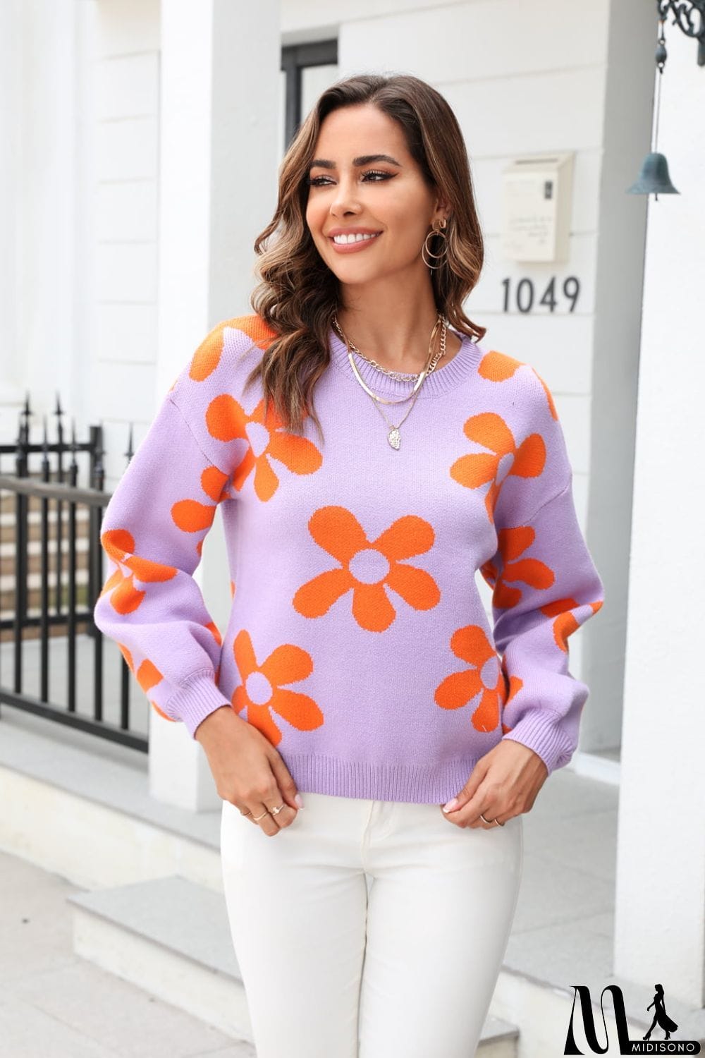 MidiSono - Floral Print Round Neck Dropped Shoulder Pullover Sweater
