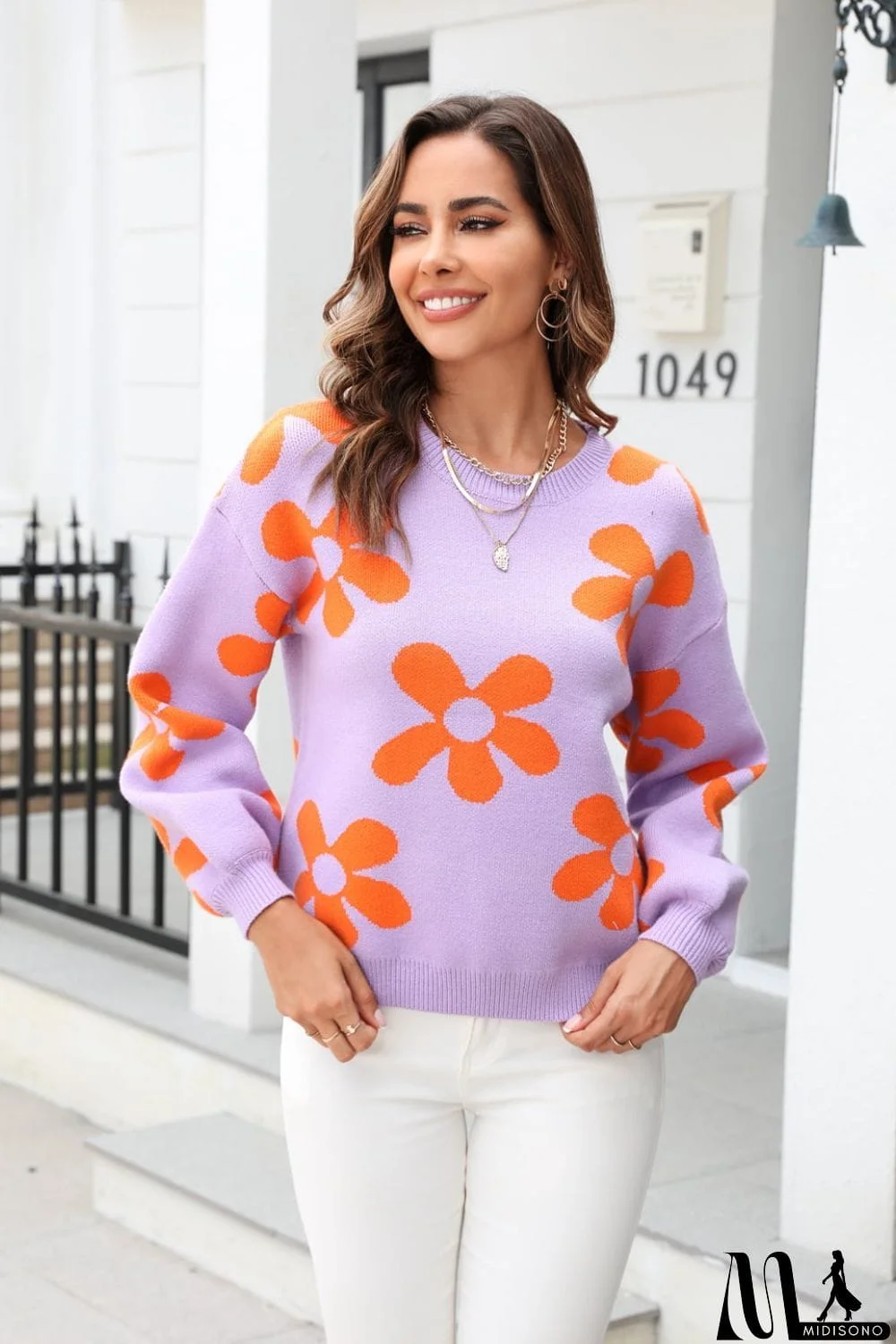 MidiSono - Floral Print Round Neck Dropped Shoulder Pullover Sweater