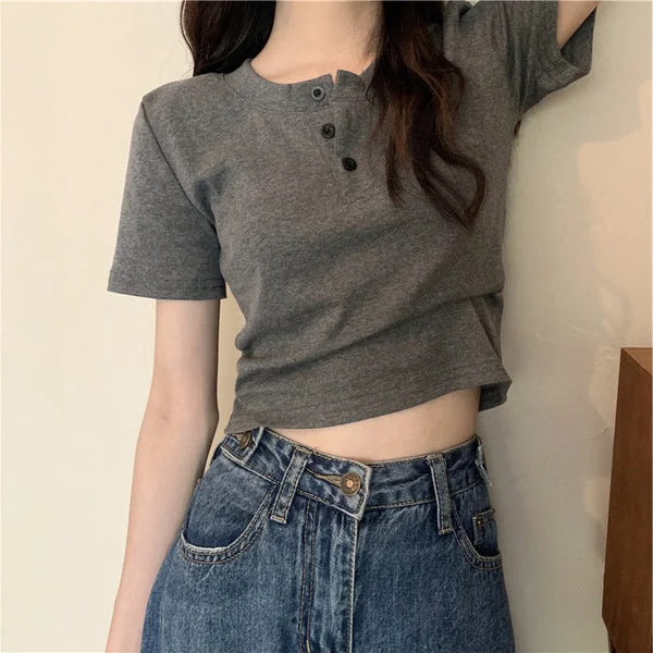 Button-Down Short-Sleeved Solid Color Slim Fit T-Shirt