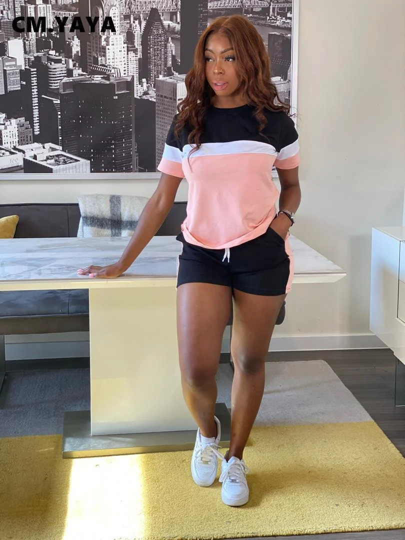 CM.YAYA Active Patchwork Sweatsuit Women's Set Tee Tops and Shorts Matching Set Jogger Tracksuit Two 2 Piece Set Fitness Outfit