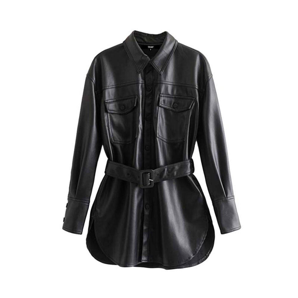 TRAF Women Vintage Stylish Faux Leather With Belted Jacket Coat Fashion Long Sleeve Pockets Side Vents PU Outerwear Chic Tops