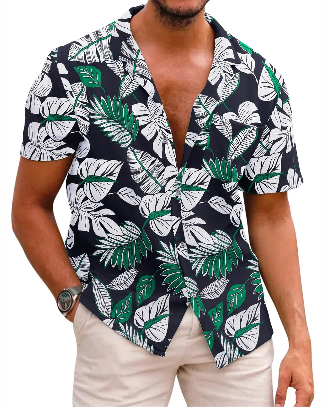 Men's Hawaiian Tropical Print Casual Pocket Short Sleeve Shirt  1388
