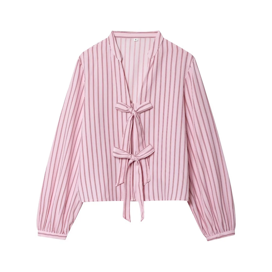 Nigikala Nigikala New Fashion Temperament Bow Striped House Silk Lining Long-Sleeved Shirt 1971160