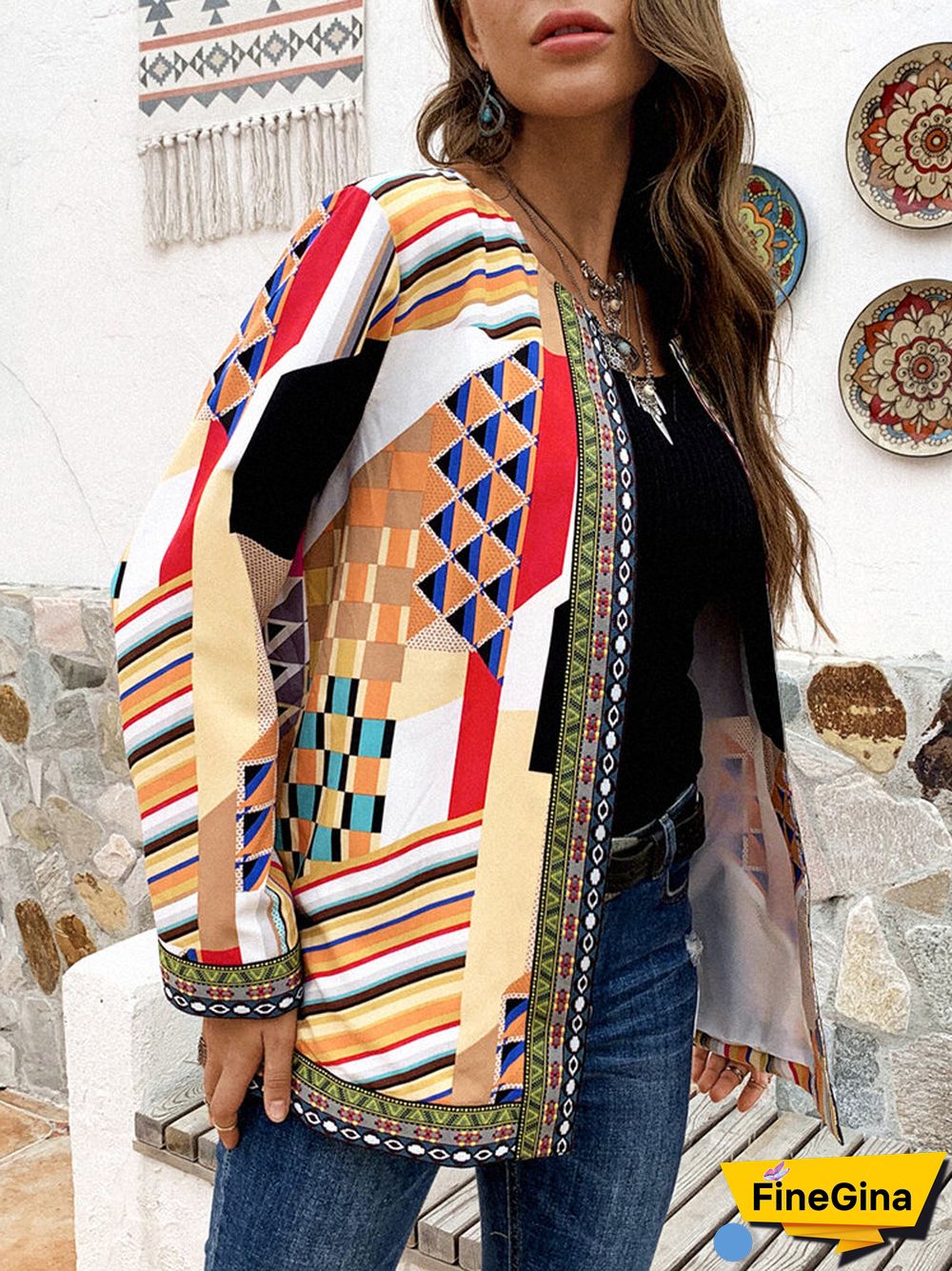 Geometric Ethnic Print Patchwork Long Sleeve Vintage Jacket For Women