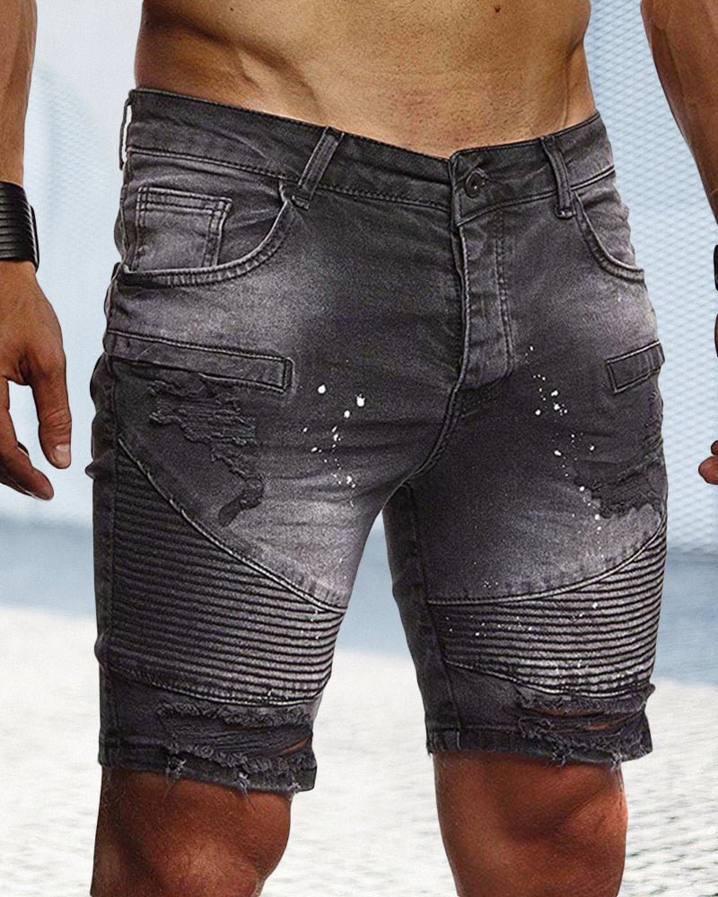 Fashion Men's Denim Shorts with Holes and Folds