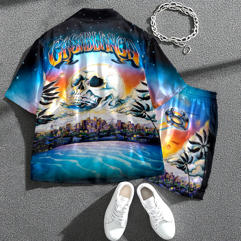 Casa Premonition Sunset Skull Art Street Pocket Shirt And Shorts Co-ord