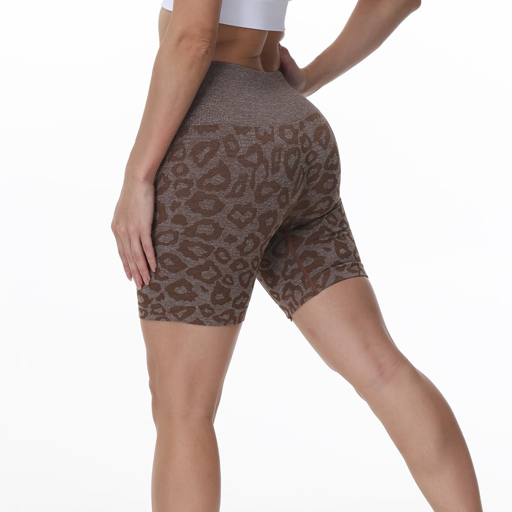 Buy brown high waist peach lift leopard seamless hot gym shorts without scrunch bum on Hergymclothing