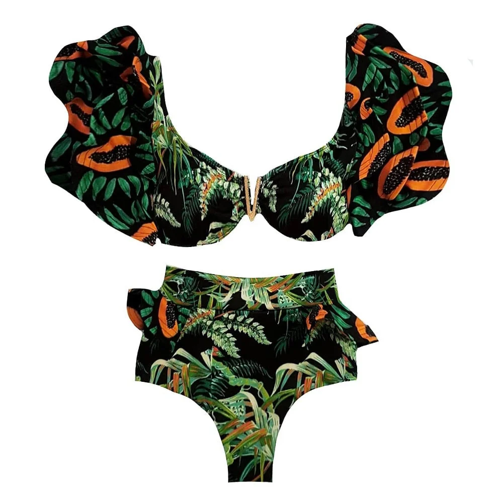 2022 New Sexy High Waist Bikini Sets Ruffle Swimwear Women Swimsuit Print Floral Dots V-neck Beach Wear Bathing Suits biquini