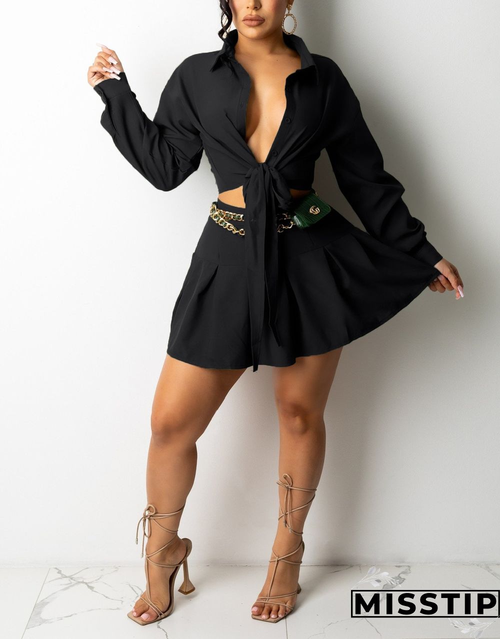 Black Casual Solid Bandage Patchwork Fold Square Collar Long Sleeve Two Pieces