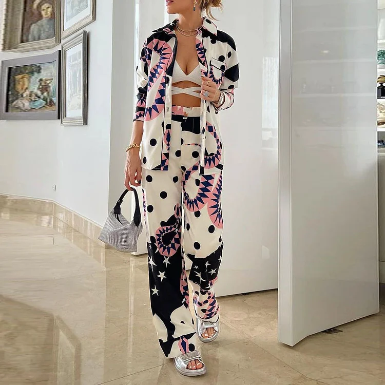 Summer Temperament Long Sleeve Shirt Wide Leg Pants Set