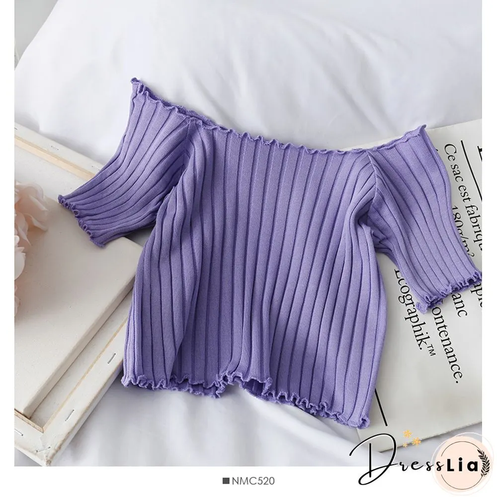 Heliar Women Tees Founce Hem T-Shirts Knitted Candy Crop Tops Short Sleeve T-Shirts For Women Tops Summer