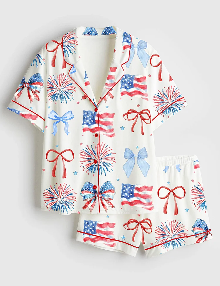 Women&rsquo;s USA Coquette Bow Retro America 4th Of July Print Short Sleeve Satin Pajama Set