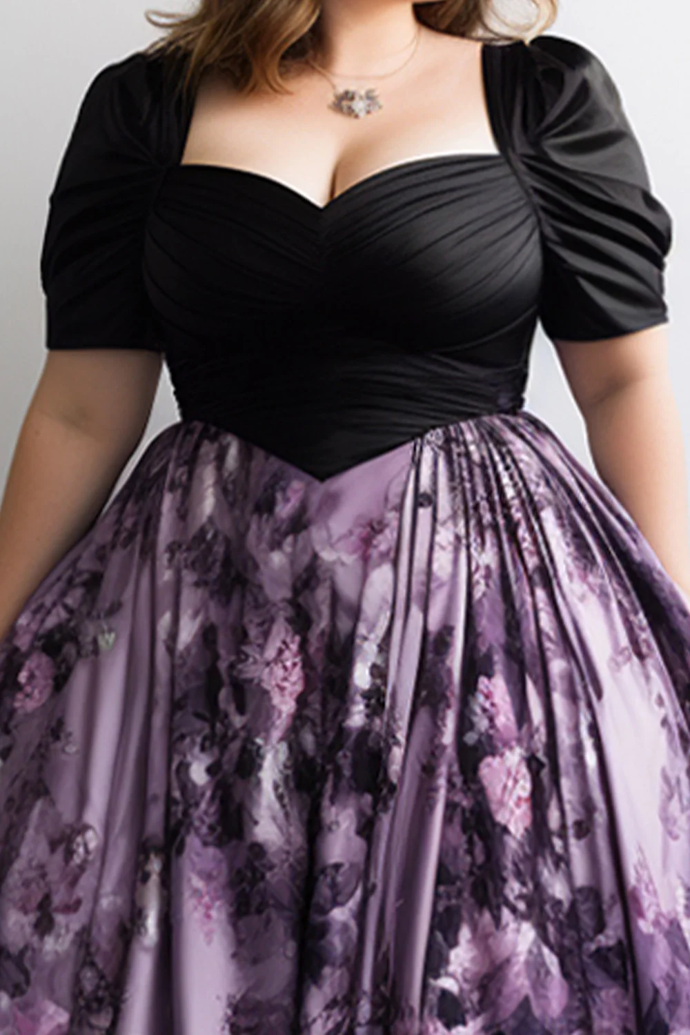 Flycurvy Plus Size Goth Purple Satin Floral Print Puff