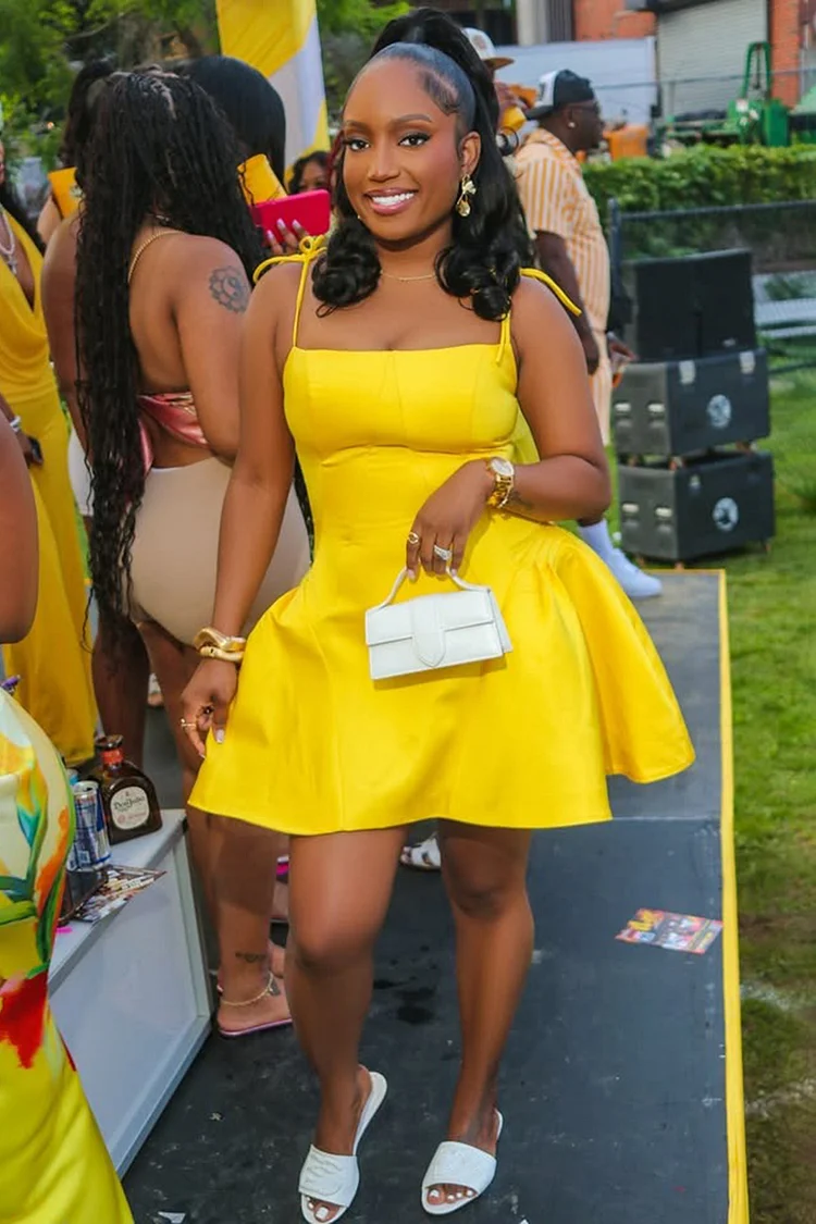 Tied Up Cami Basque Waist Solid Party Mini Dresses-Yellow [Pre Order]