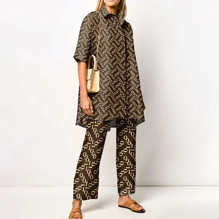 Fashion Print Short Sleeve Shirt Two Piece Set