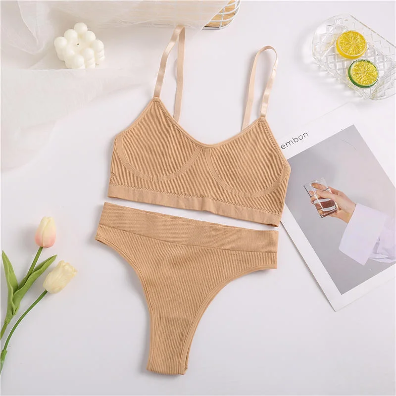 Billionm Sexy Bra Set Women Seamless Underwear Female Lingerie Ribbed Tops Thong High Waist Panties Brassiere Stretchy Tank Crop Top