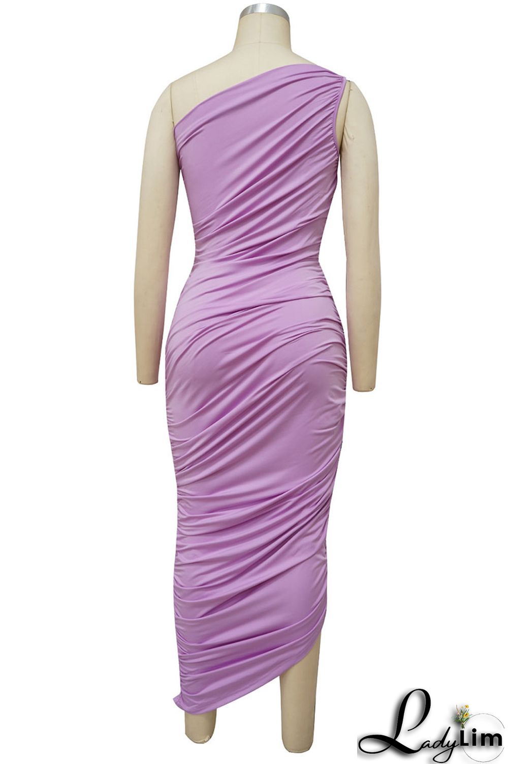 Light Purple Casual Solid Split Joint Fold Asymmetrical Oblique Collar Dresses
