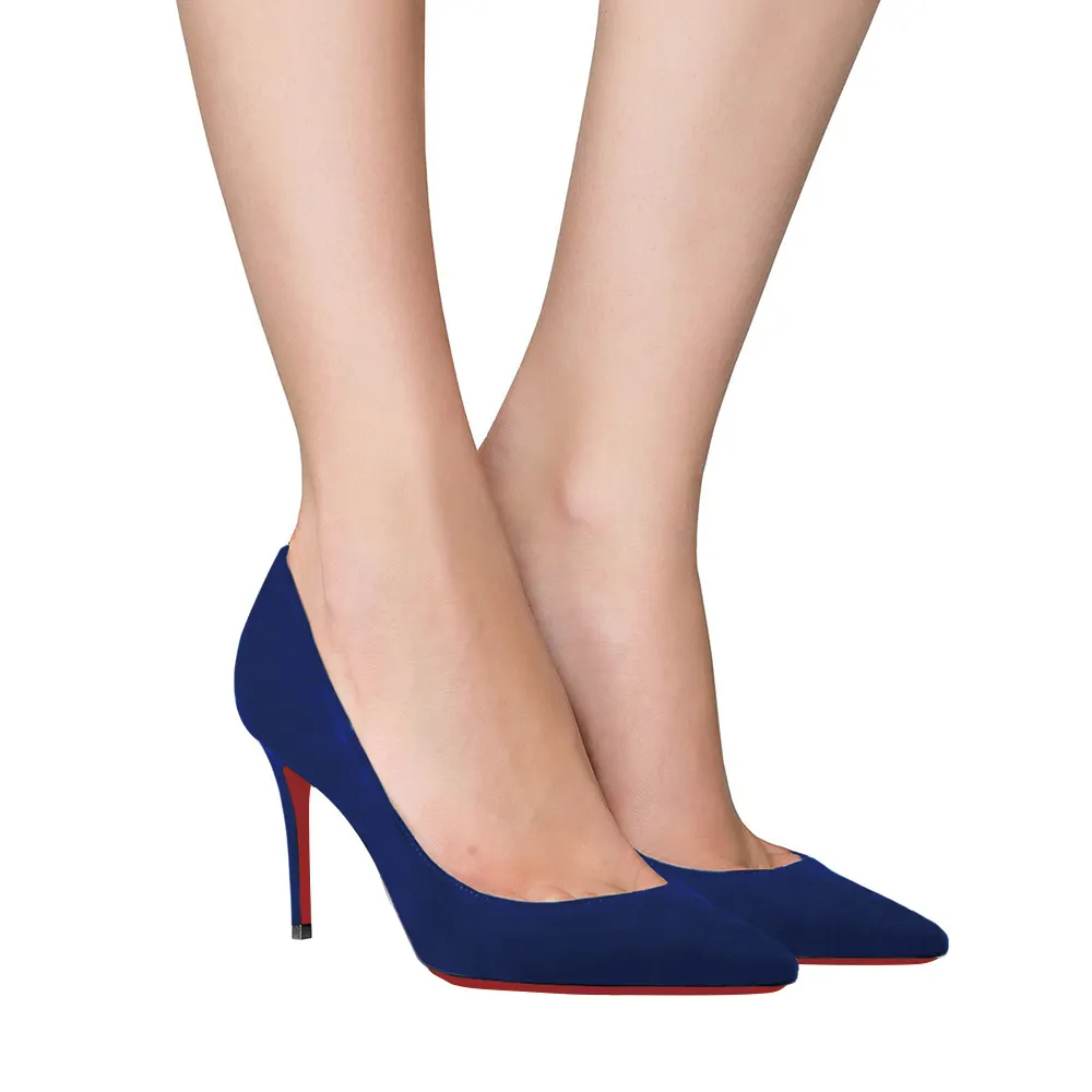 90mm Middle Heels Pointy Toe Pumps Blue Suede-vocosishoes