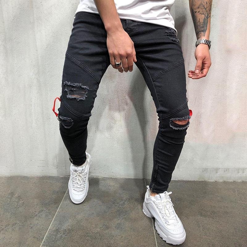 Braid Stitching Ripped Hole Jeans