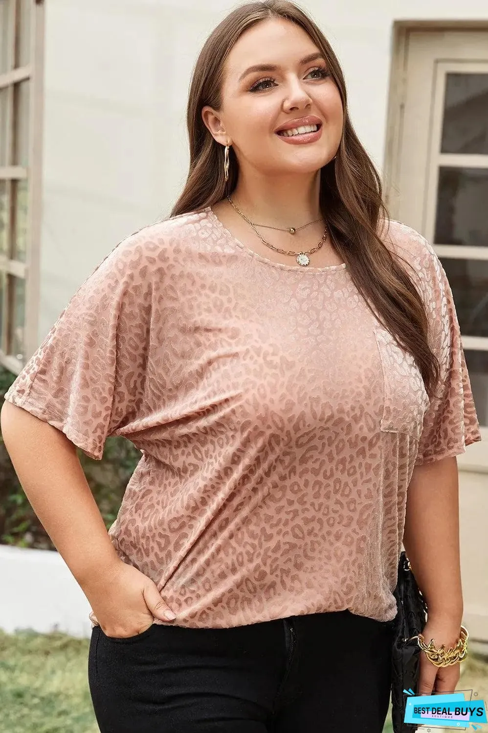 Khaki Leopard Print Plus Size T-shirt