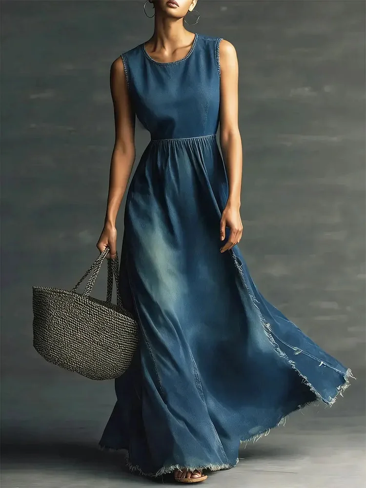 Women Stylish Art Casual Loose Washed Denim Midi Dress